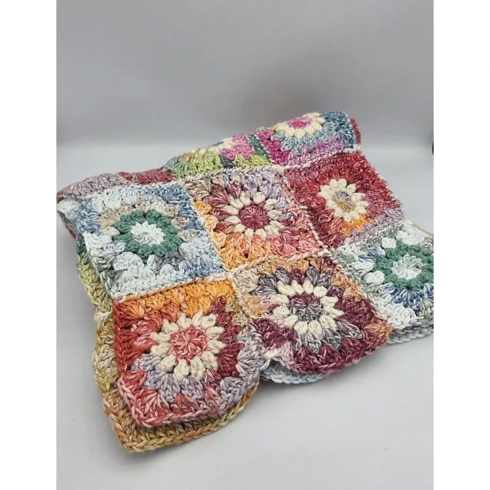 Handmade Multicolor Crochet Granny Floral  Squares Table Runner Cottagecore